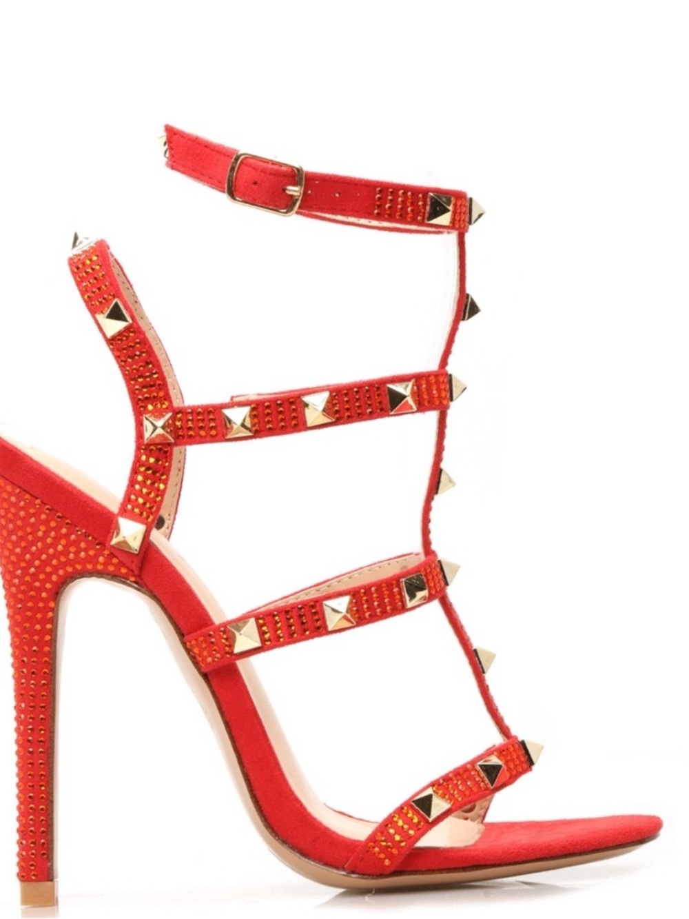 Fashion Nova Red Crystal Pyramid Stud T-Strap Heels - Picture 3 of 10